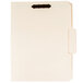A white file folder with 2 fasteners on a white surface.