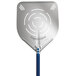 A silver and blue GI Metal pizza peel with a white handle.