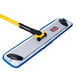 A Rubbermaid microfiber mop with a yellow handle and blue pads.