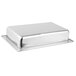 A silver rectangular stainless steel water pan with a rectangular lid.