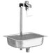 A Fisher stainless steel water station with a pedestal glass filler over a metal sink.