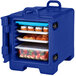 A navy blue front-loading Cambro food pan carrier with food inside.