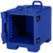 A navy blue Cambro front loading insulated food pan carrier with a door open.