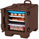 A dark brown Cambro combo carrier with food in it.