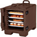 A dark brown Cambro food pan carrier with trays of pastries inside.