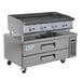 A Cooking Performance Group stainless steel gas radiant charbroiler over a refrigerated chef base with drawers.