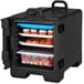 A black Cambro front loading insulated tray and food pan carrier with food inside.
