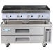 A Cooking Performance Group stainless steel gas lava briquette charbroiler on a stainless steel chef base with refrigerated drawers.