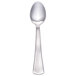 A close-up of a Walco Bosa Nova stainless steel demitasse spoon with a silver handle.