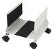 A light gray metal CPU stand with casters.
