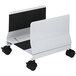 A light gray metal CPU stand with casters.