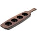 A Libbey cherry wood flight paddle with holes for 6 tasting glasses.