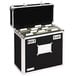 A black Vaultz locking file chest with silver metal accents.
