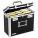 A black and silver Vaultz letter sized locking file chest with yellow folders inside.