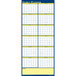 A white House of Doolittle wall calendar with blue and yellow trim and many squares for each day.