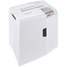 A white HSM ShredStar X10 paper shredder with buttons and a green light.