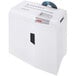 An HSM ShredStar X10 heavy-duty cross-cut shredder in white with black buttons and a black handle.