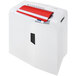 An HSM ShredStar X10 paper shredder with white and red accents.