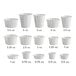 A row of white Genpak paper souffle cups with measurements for each cup.