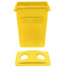 A yellow Rubbermaid rectangular plastic bin with a 2 hole lid.