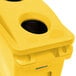 A yellow Rubbermaid Slim Jim rectangular trash can with 2 holes.