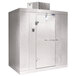 A white metal Norlake walk-in cooler with a white door open.