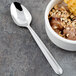A bowl of chocolate ice cream with a Walco Maremma heavy weight dessert spoon.