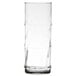 A clear glass with a curved design.