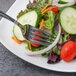 A Walco Ultra stainless steel salad fork on a plate of salad with cucumbers, tomatoes, and lettuce.