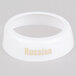 A white plastic Tablecraft collar with beige lettering that says "Russian"