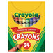 A yellow and green Crayola box of 24 assorted crayons.