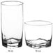 Two Acopa Cube beverage glasses with measurements on them.