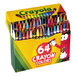 A yellow box of Crayola 64 assorted color crayons.
