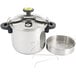 A silver stainless steel Monix pressure cooker with a lid and a steamer basket with holes.