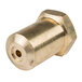 A close up of a brass threaded nut with a gold color.