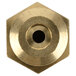 A brass threaded nut with a circular hole in the center.