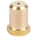 A close-up of a gold brass threaded cylinder with a hole.