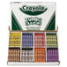 A white box with a white text label containing rows of Crayola jumbo crayons in different colors.