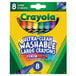A blue and white box of Crayola Ultra-Clean large washable crayons with a blue crayon in front and other crayons in the background.