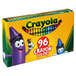 A yellow and white Crayola box of 96 assorted crayons with a sharpener.