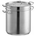 A Vigor stainless steel pasta cooker with two handles and a lid.