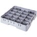 A soft gray plastic Cambro cup rack with 20 compartments.
