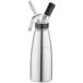 A close up of a stainless steel iSi whipped cream dispenser with a black handle.
