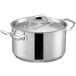 A silver Vigor stainless steel sauce pot with handles and a lid.