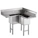 A Regency stainless steel corner 3 compartment sink with two drainboards.