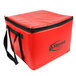 A red Sterno insulated food carrier with black straps.