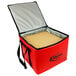 A red Sterno insulated food carrier with the lid open.
