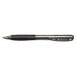 A close-up of a Bic black and silver retractable ballpoint pen with a black tip.