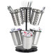 A black metal Cal-Mil revolving caddy with 6 cylindrical containers holding utensils.