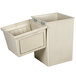 A beige rectangular plastic bin with a hinged lid open.